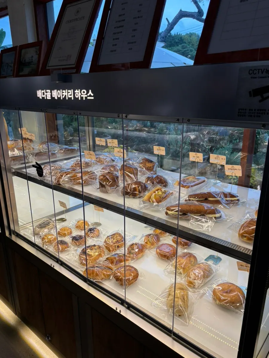 개별 포장된 빵이 진열된 베이커리 매대