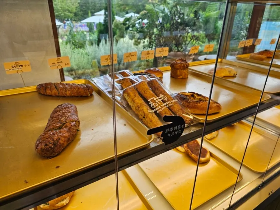 Bread showcase display at Baedagol Bakery House