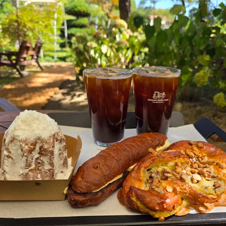 Savory walnut bread with iced Americano