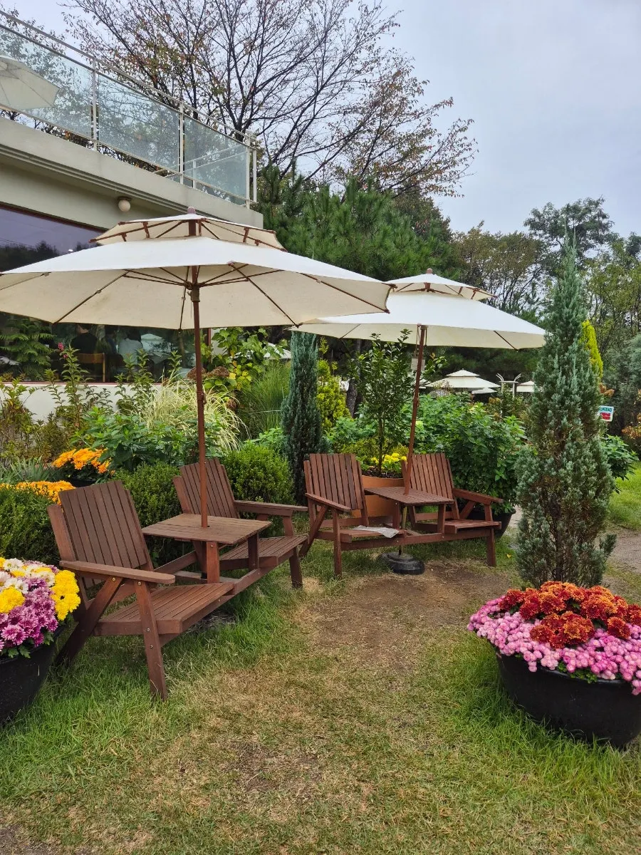 Garden and outdoor parasols at Baedagol Bakery House on a rainy day
