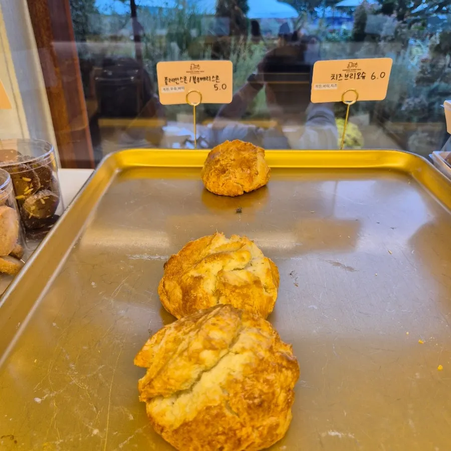 Bread topped with sliced almonds on display