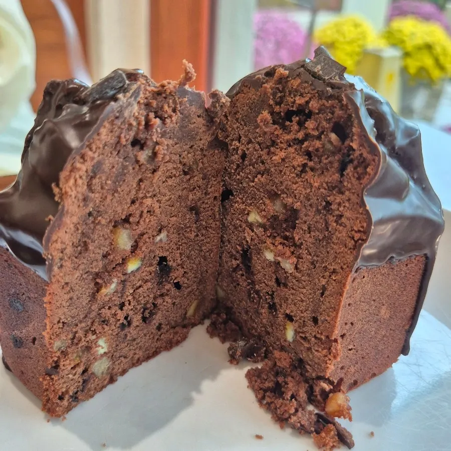 Chocolate pound cake cut in half