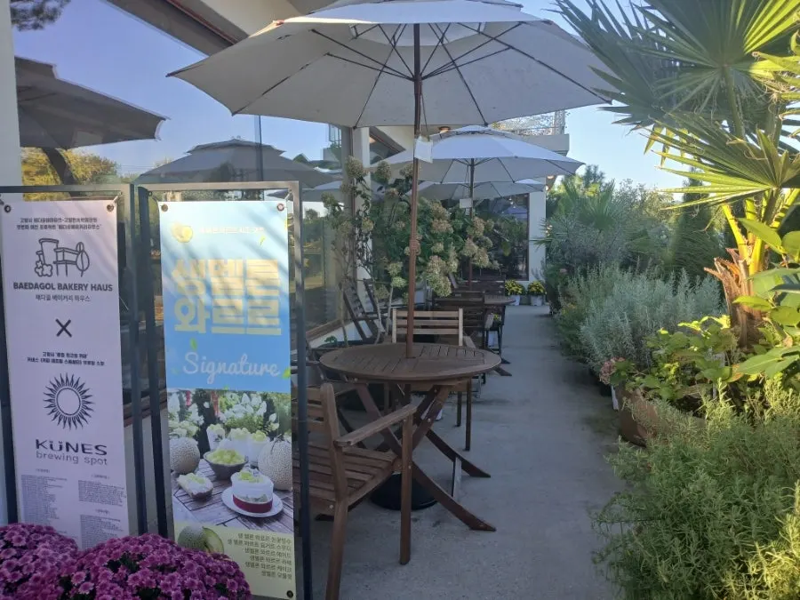 카페 입구 앞 장식과 화분