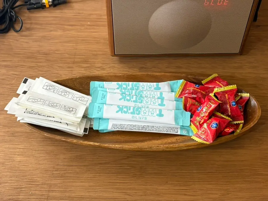 Mouthwash, candy, and floss at the checkout counter