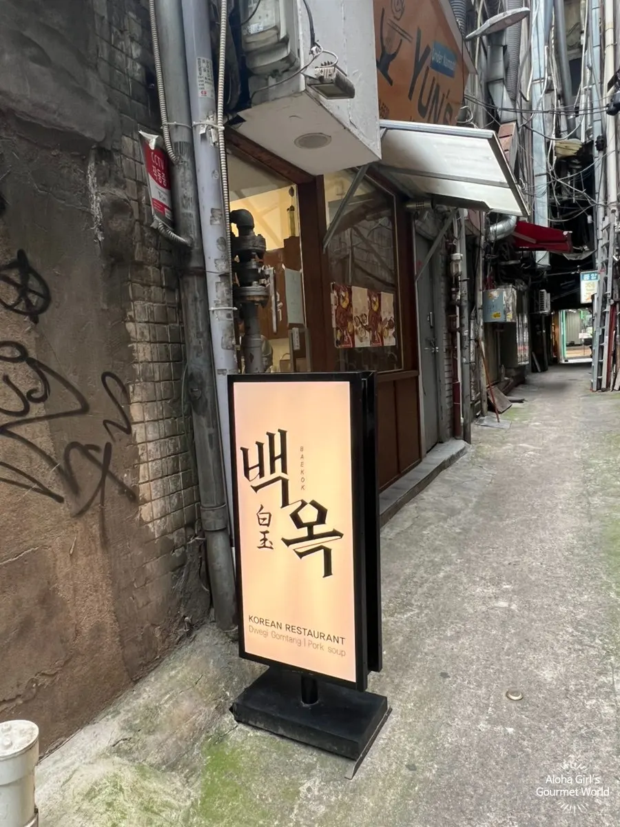 Alley in Myeongdong where Baekok's sign is barely visible