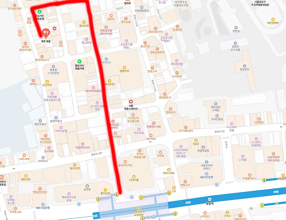 Walking route map from Myeongdong Station Exit 6 to Baekok