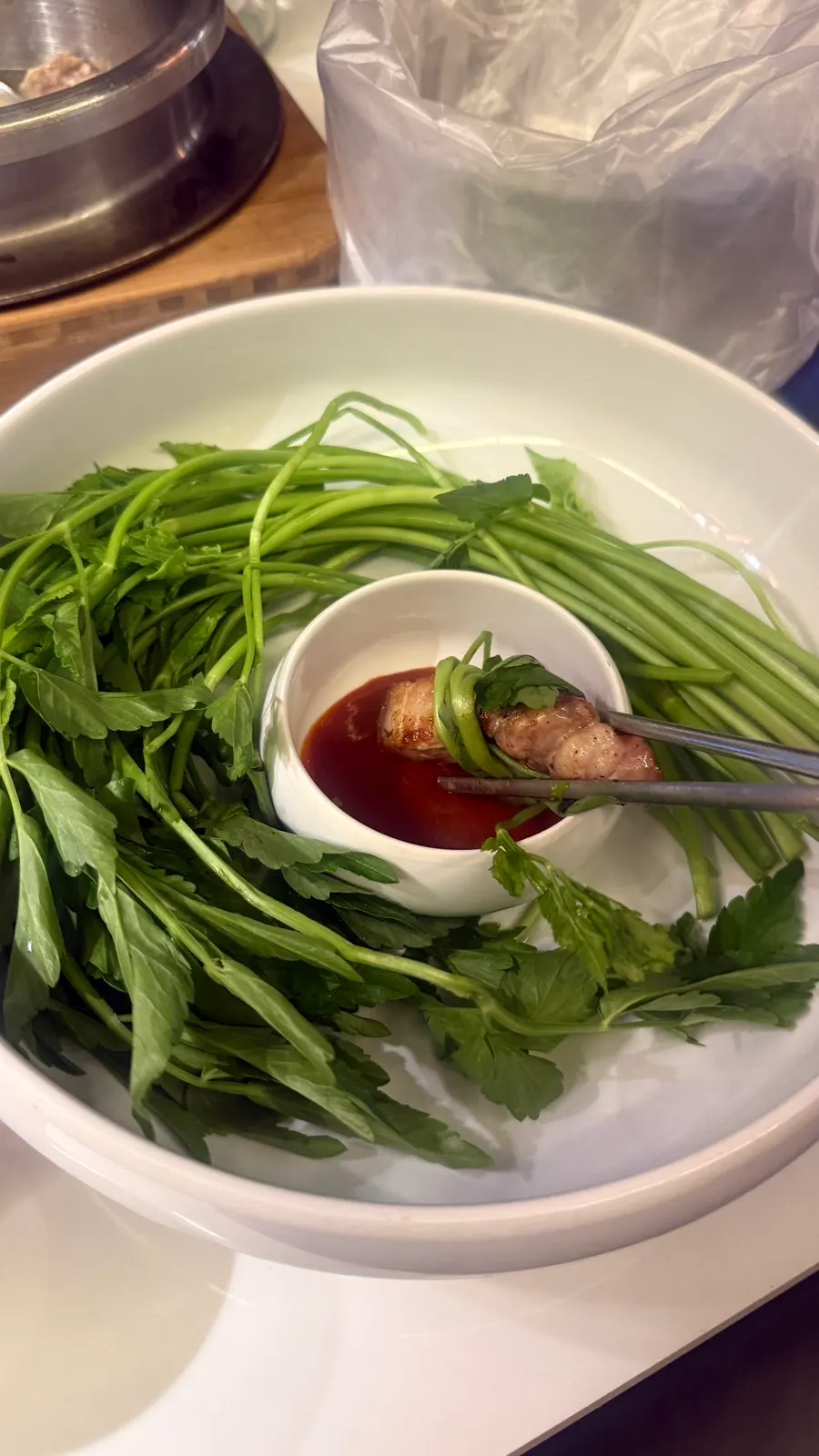 Pork wrapped in fresh minari