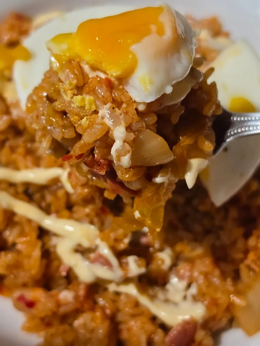 Kimchi fried rice topped with mayonnaise