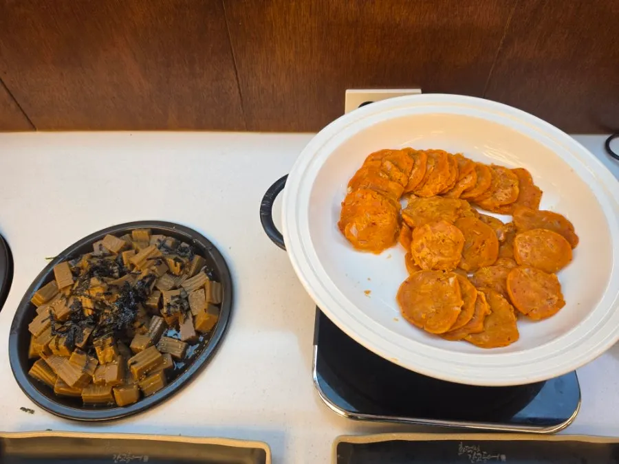 Kimchi pancake and japchae at the self side dish bar
