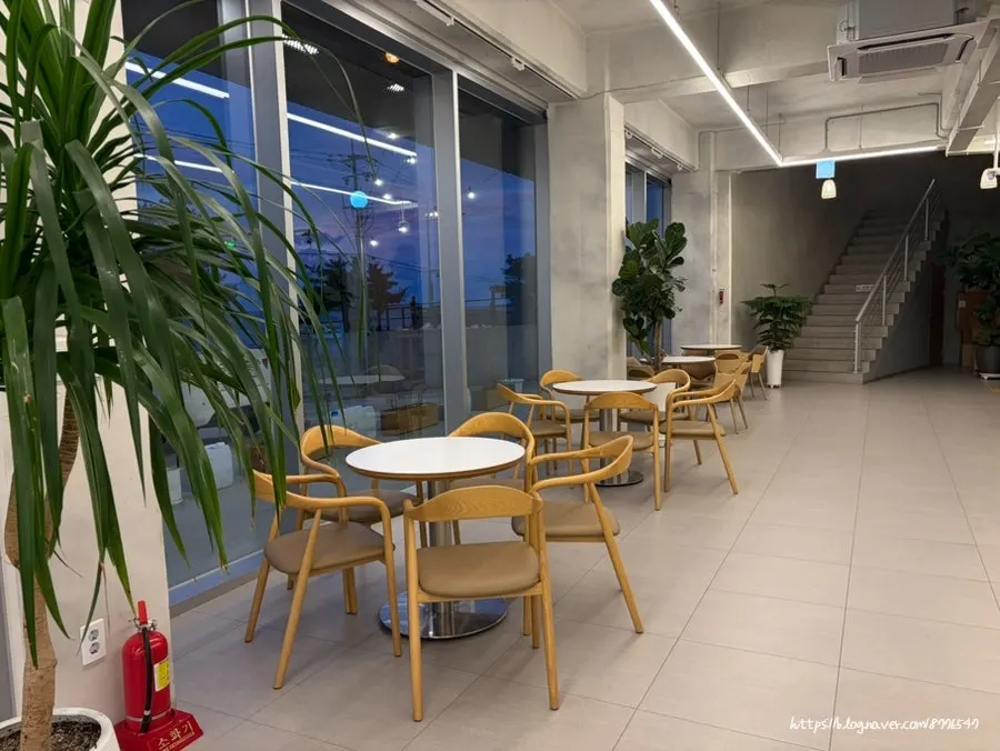 Seating layout at Baegya Coffee that keeps the sea visible even from inner tables