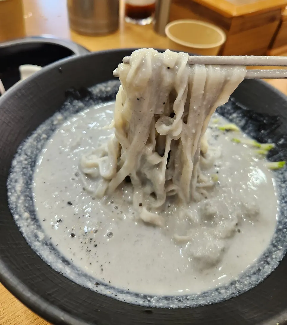 넓적한 면발을 들어 올린 검은콩국수