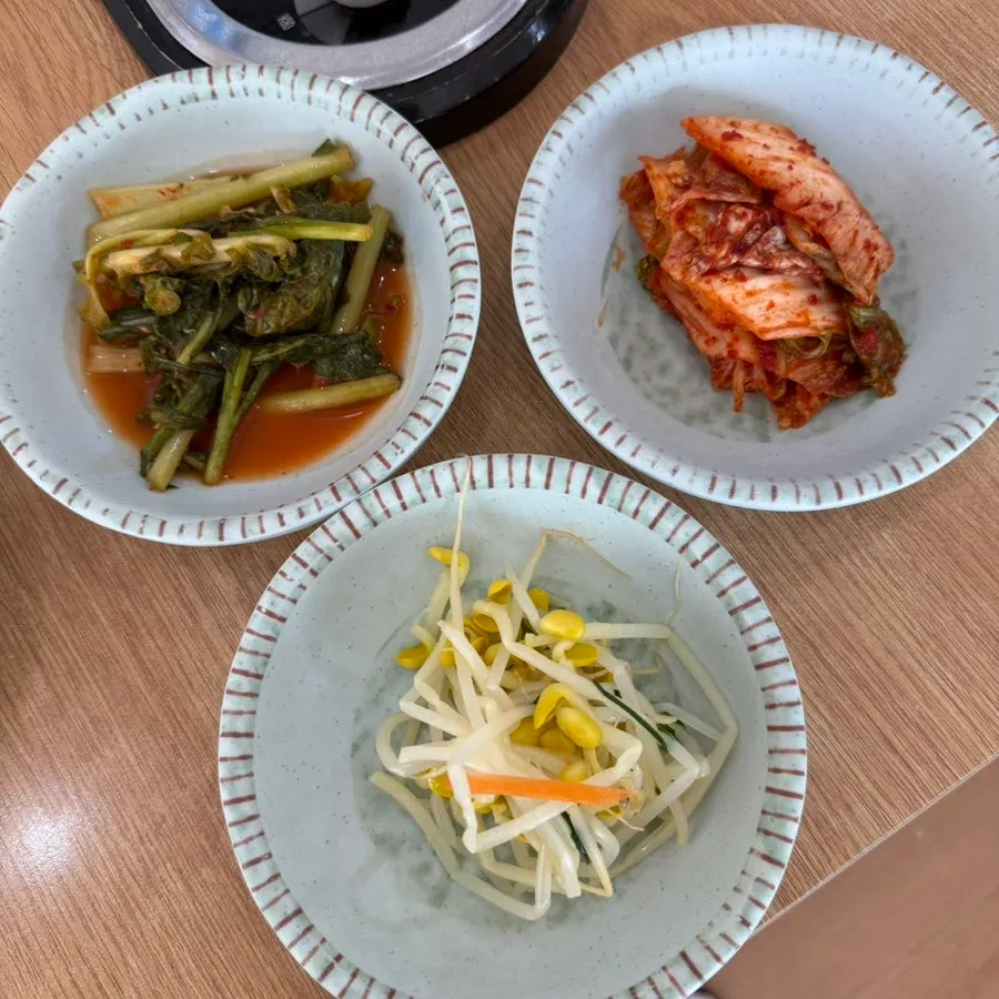 Basic side dishes: napa cabbage kimchi, yeolmu kimchi, and bean sprouts