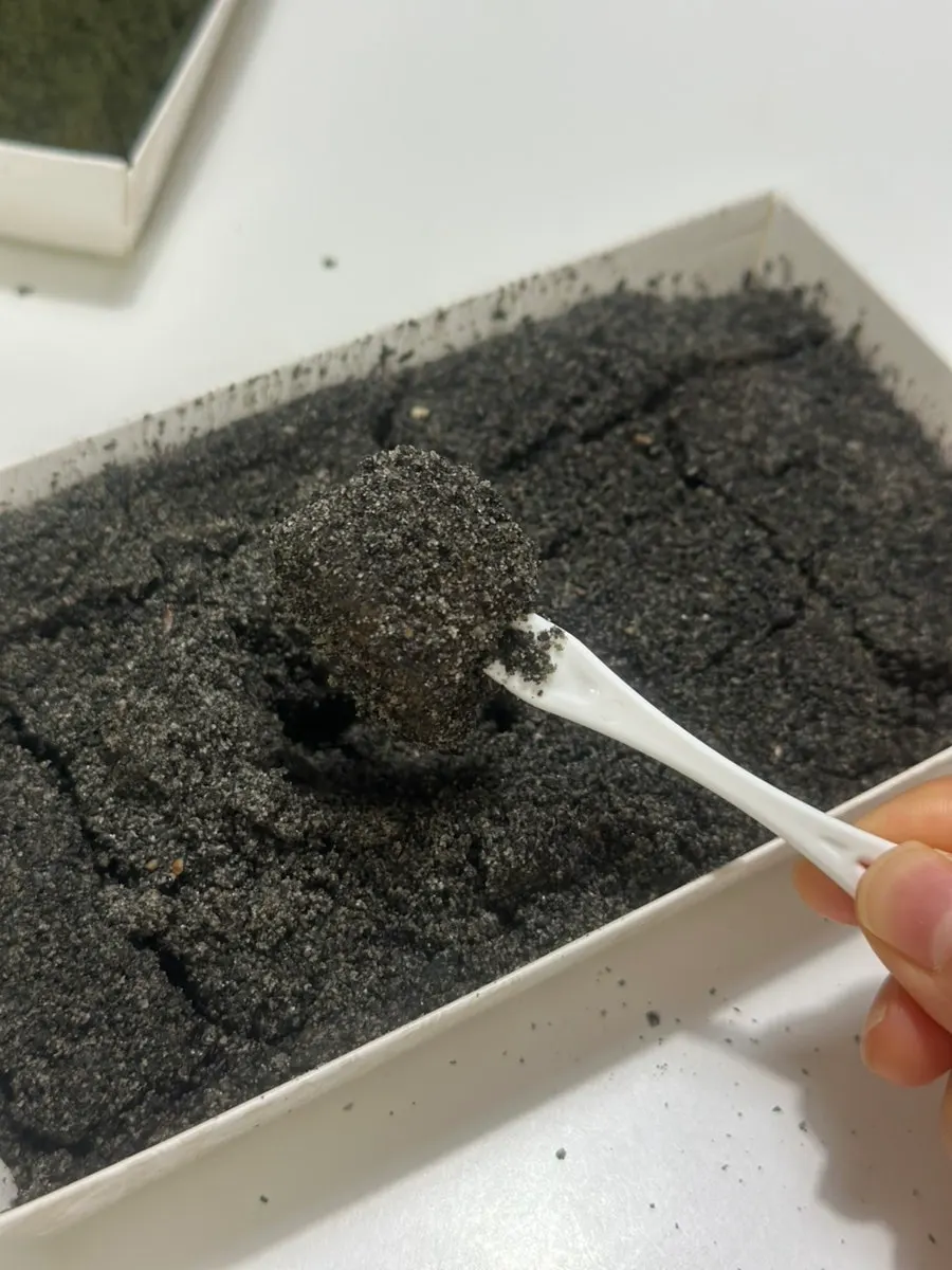 Cross-section of black sesame hoddeok coated in black sesame powder