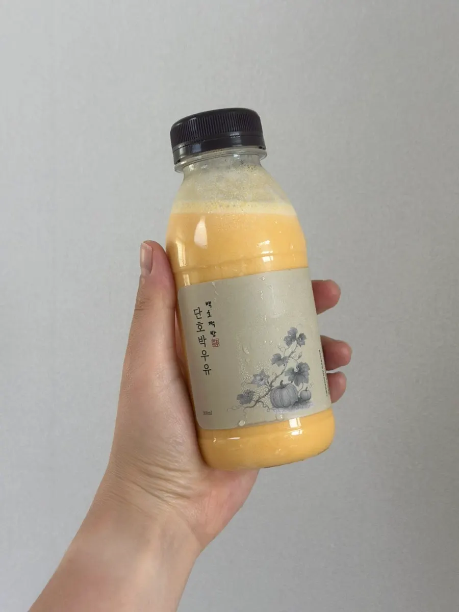 A bottle of pumpkin milk from Baekho Tteokbang