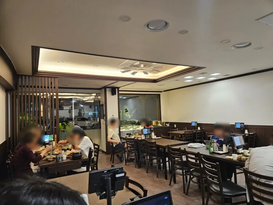 Spacious interior with many tables