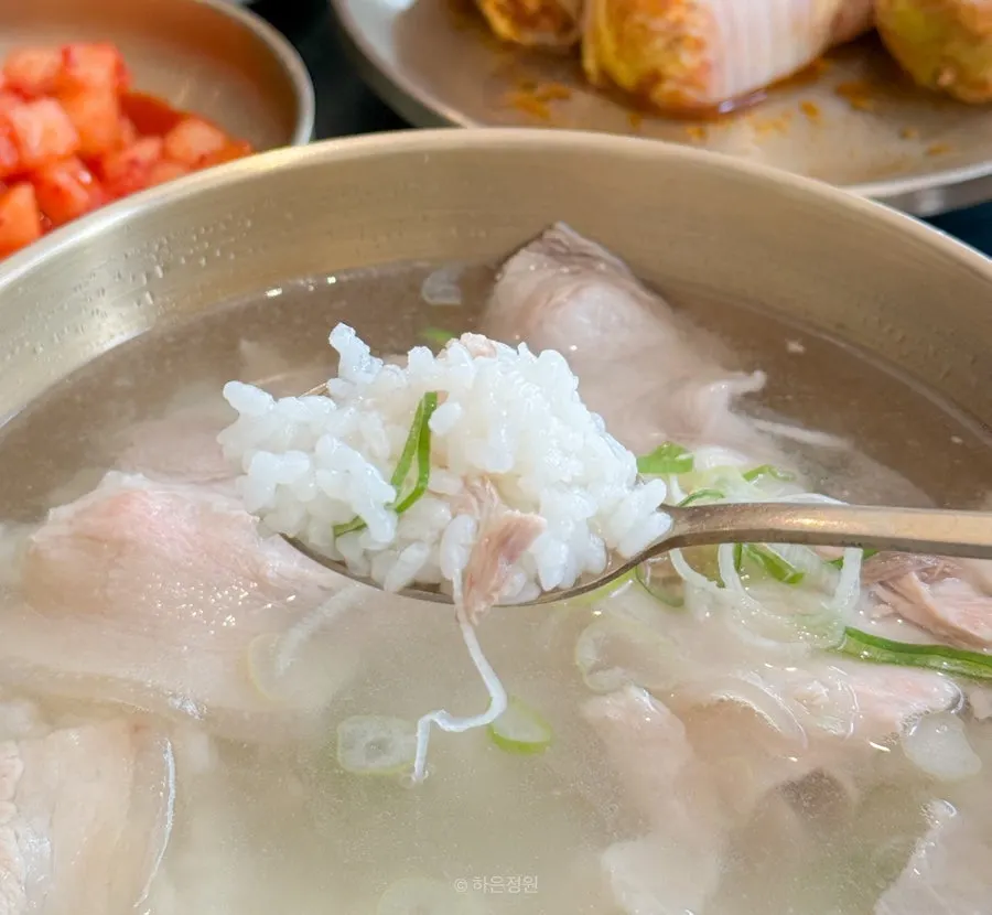 숟가락으로 떠올린 돼지곰탕 속 밥과 고기