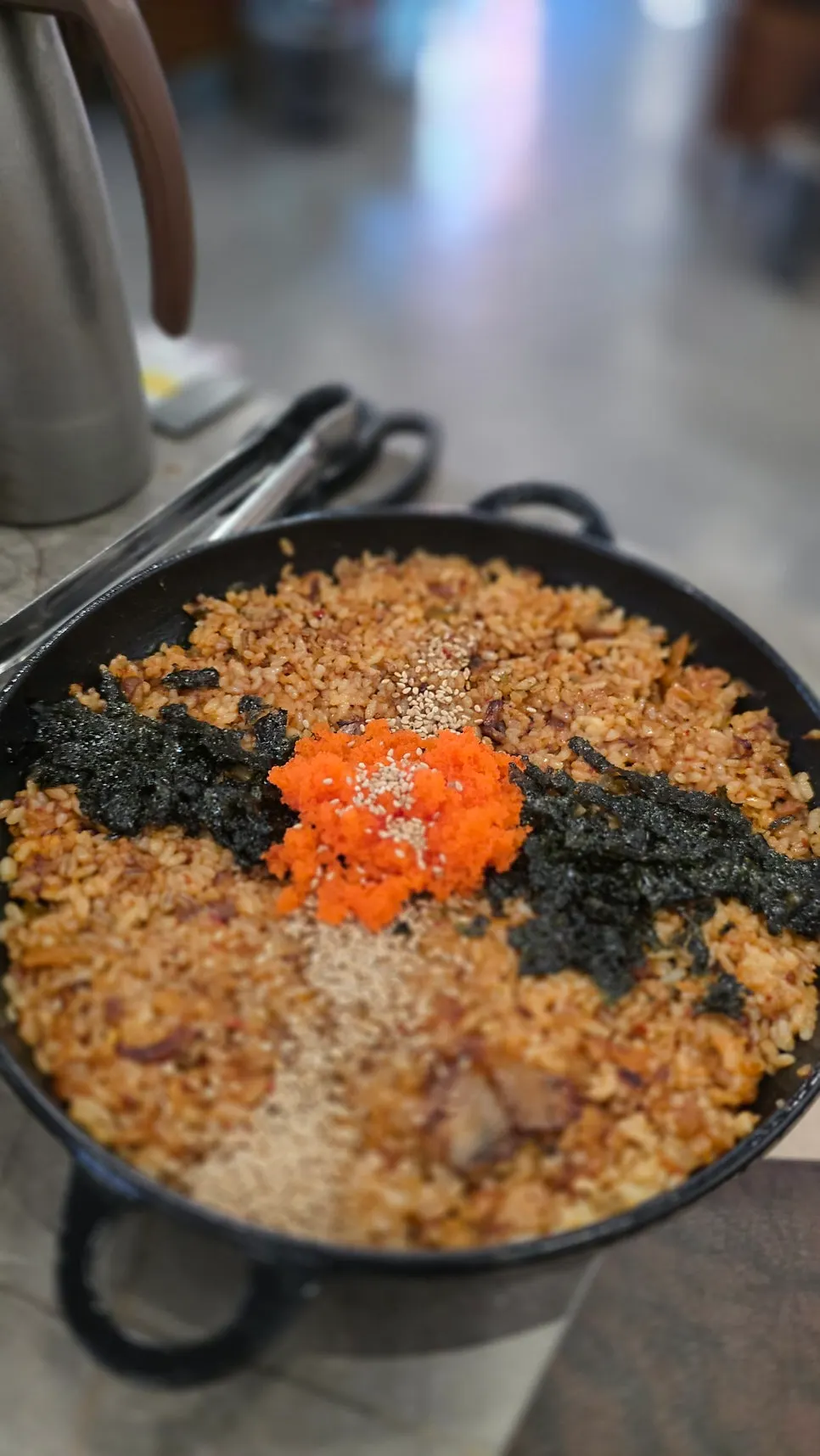 Barley kimchi fried rice served on a wide pan