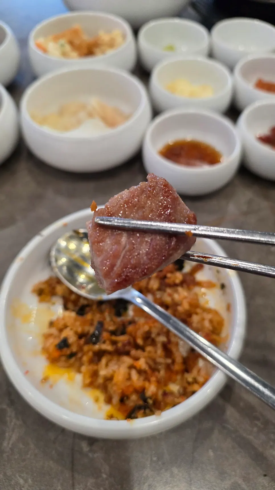 Leftover meat eaten alongside the fried rice