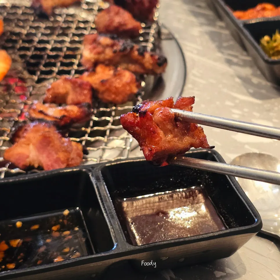 A piece of pork galbi with subtle seasoning