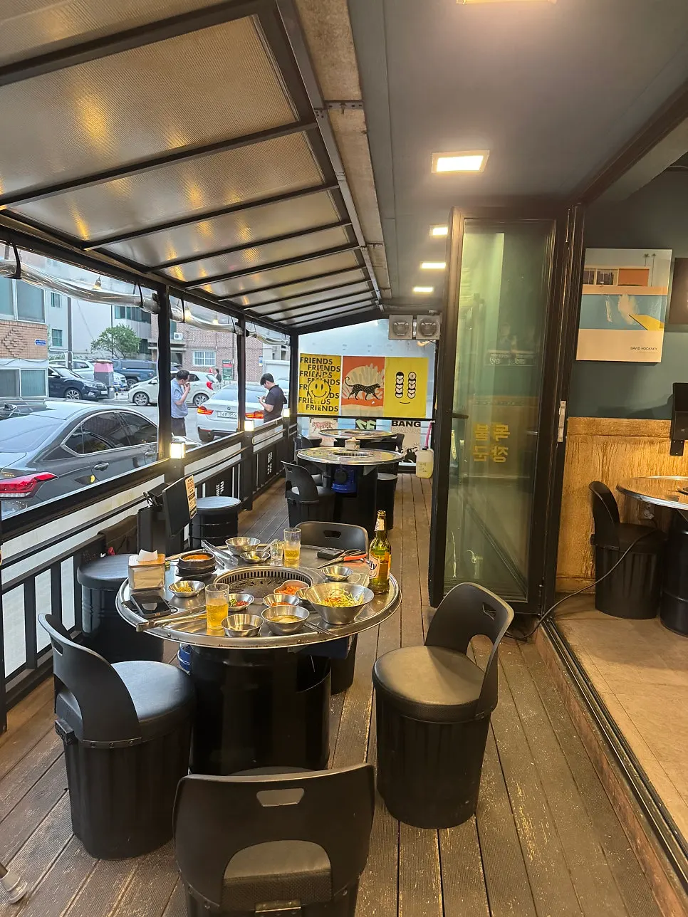 Interior with neatly arranged clean metal tables
