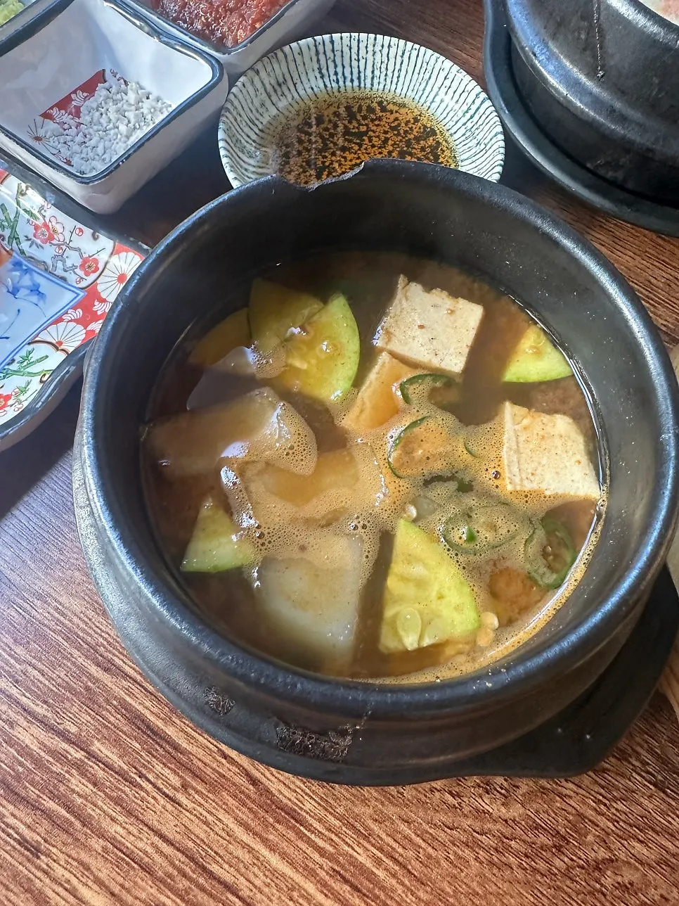 Savory doenjang jjigae in a stone pot
