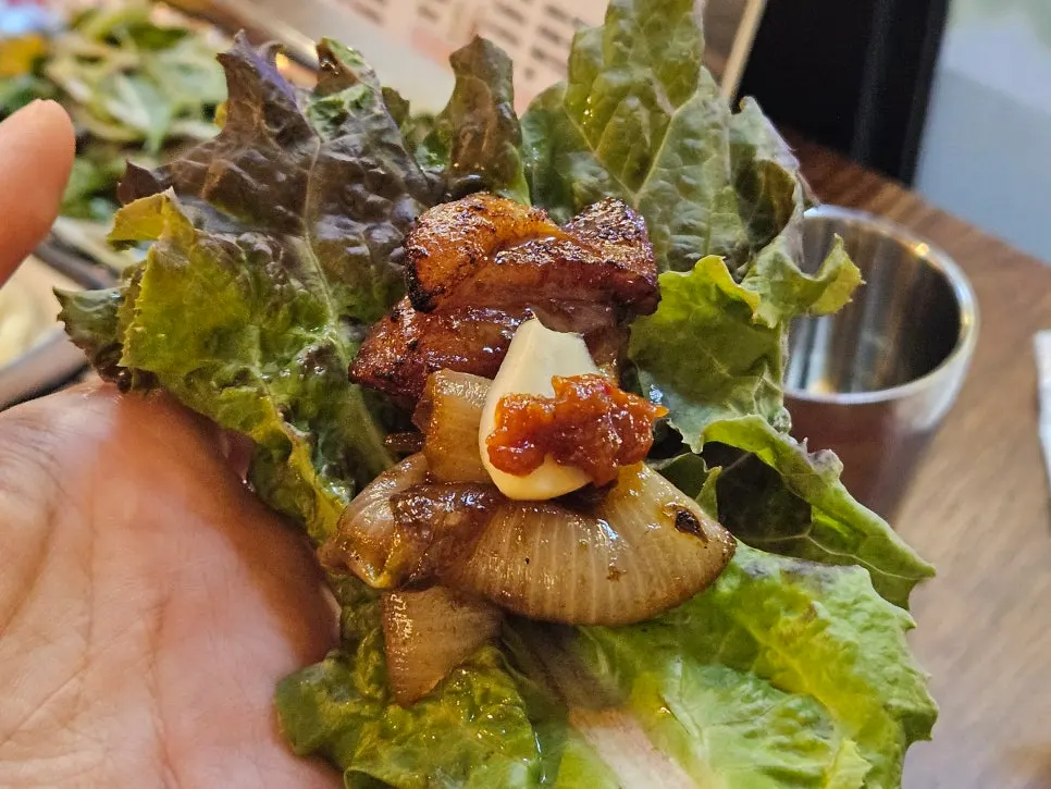 Marinated pork and grilled onion on lettuce