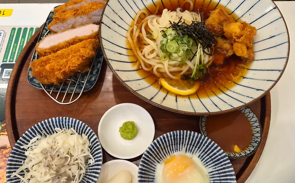Table setting with udon and tonkatsu served together