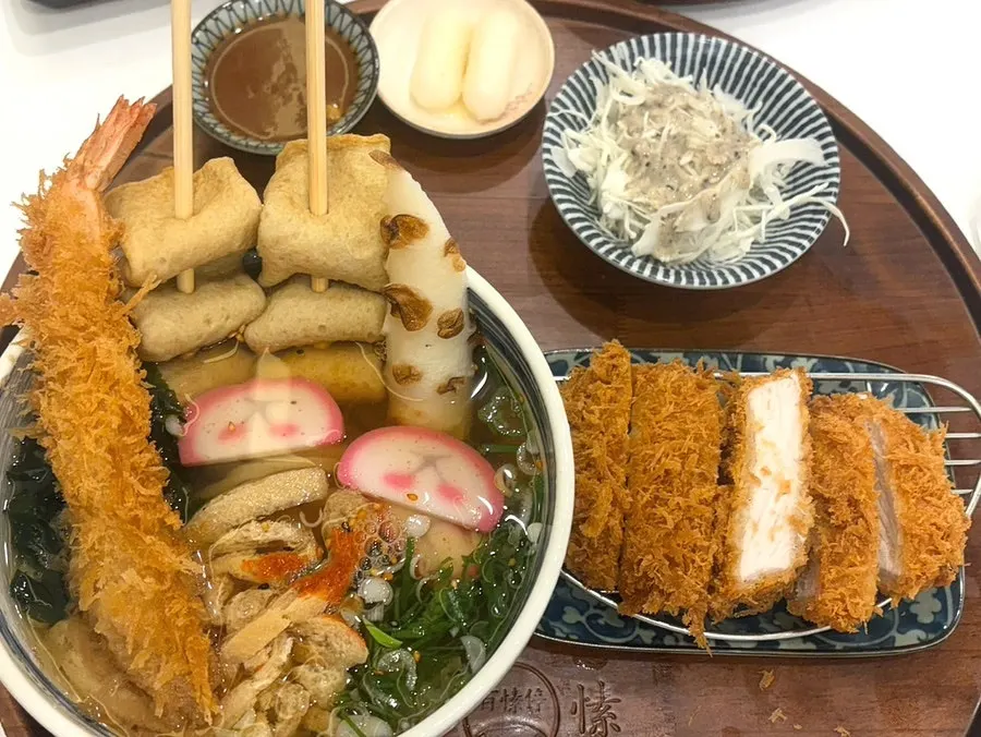 Karai shrimp tempura fish cake udon and tonkatsu set