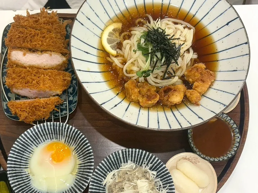 Gara-age bukkake udon and tonkatsu set