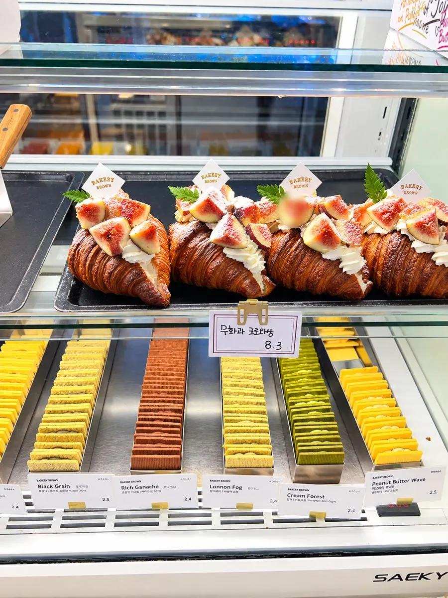 Pavlova and fruit croissants displayed in the showcase