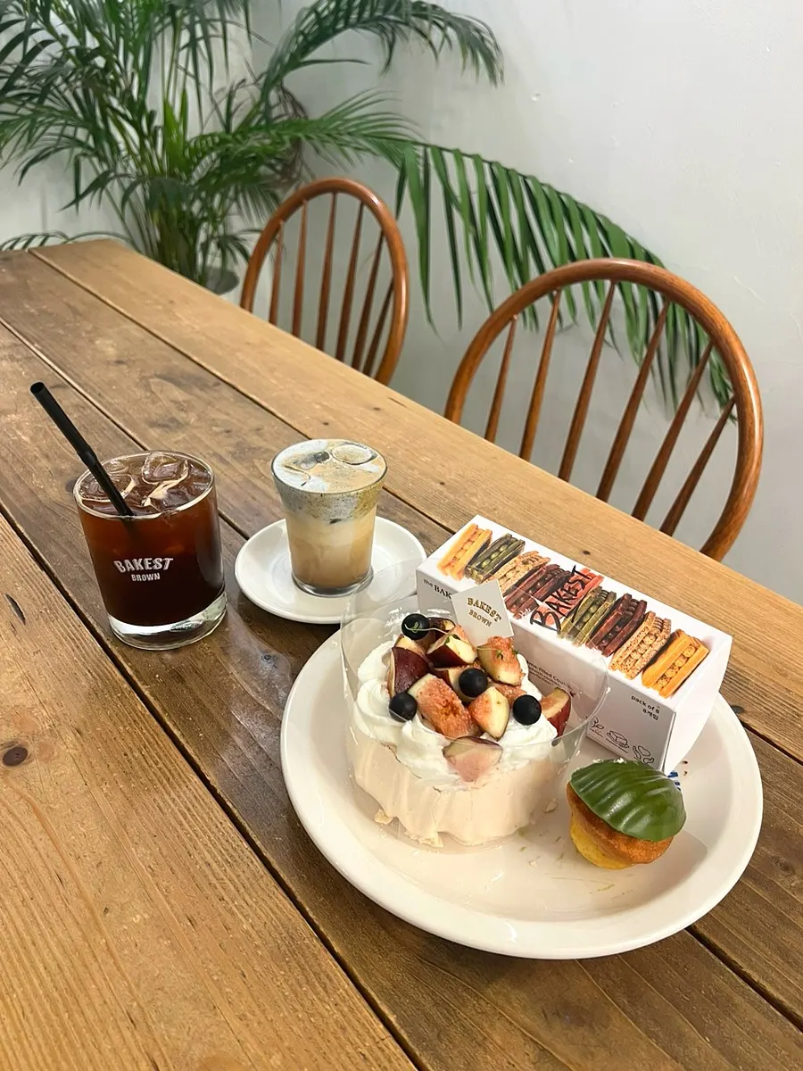 A full spread of desserts and drinks ordered at Bakerist Brown