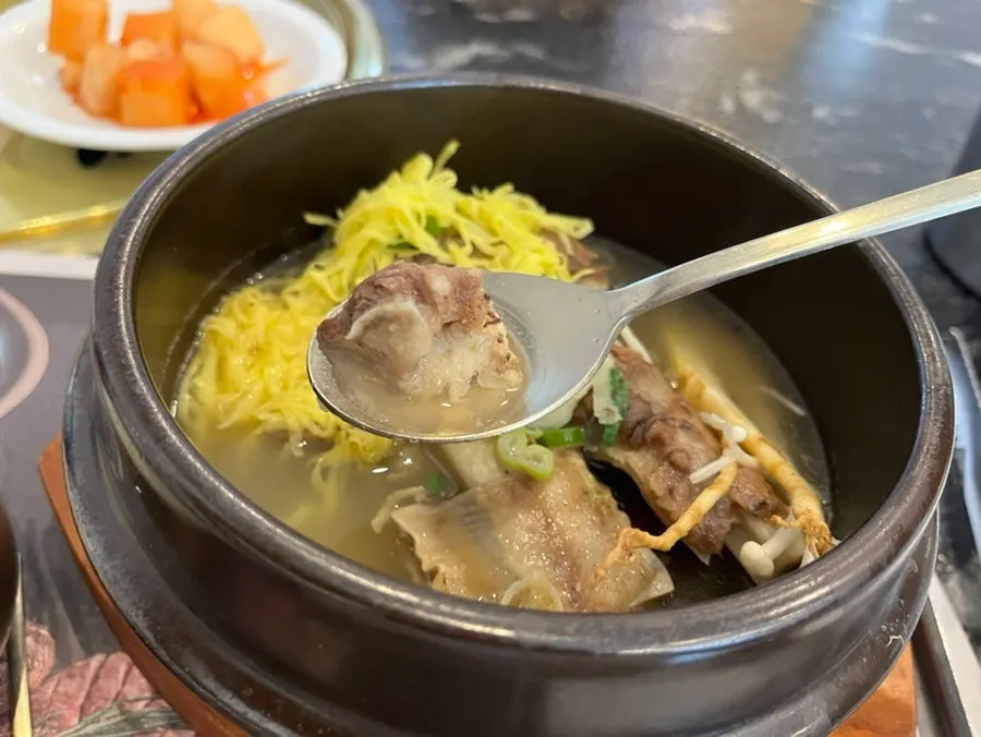 Galbitang with sliced egg and ribs