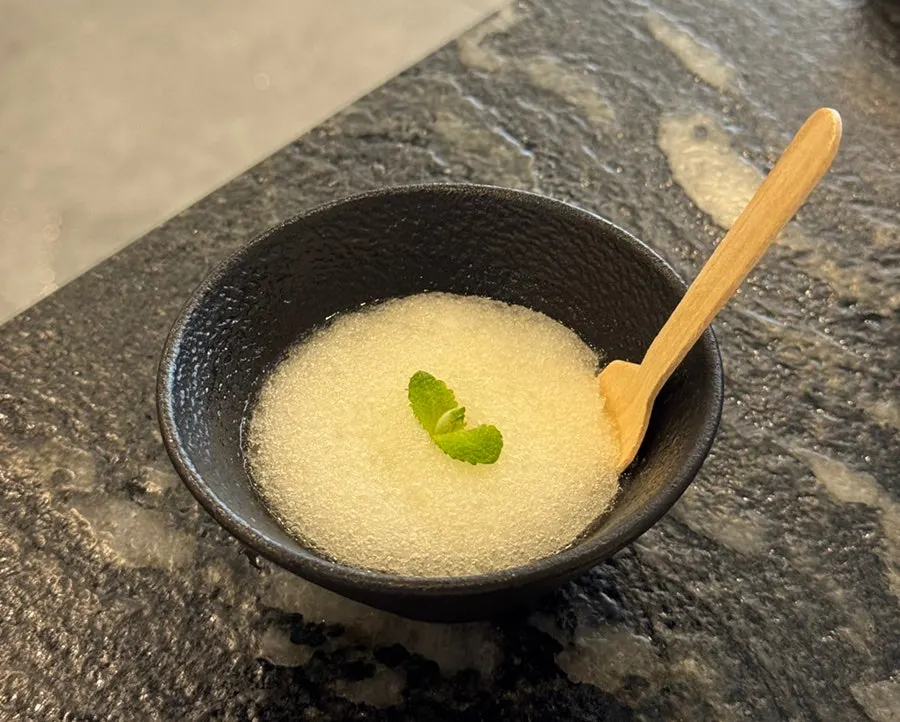 Complimentary pear sherbet after the meal