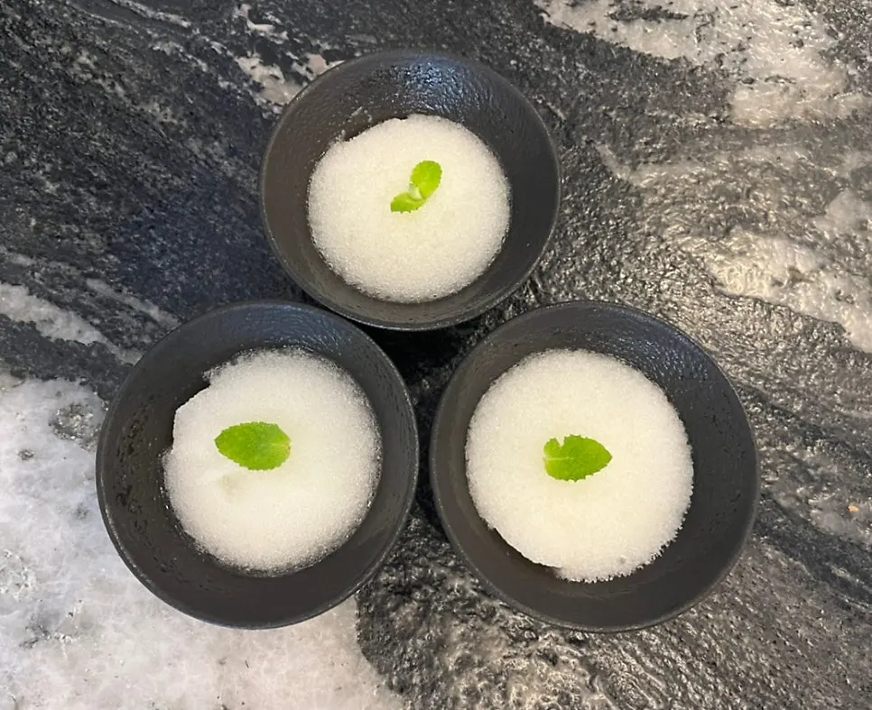 Pear sherbet topped with apple mint