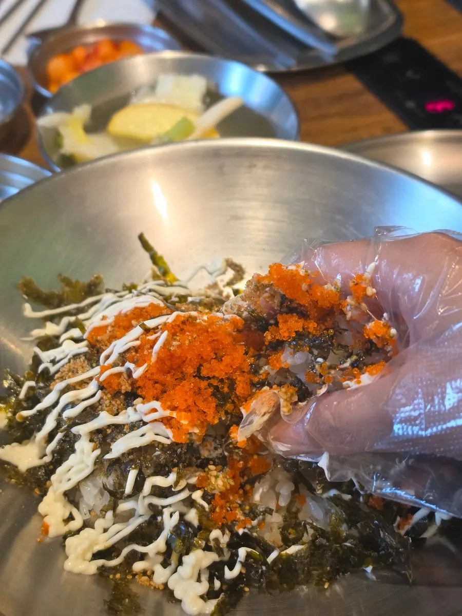 Nakgopsae with flying-fish-roe rice balls