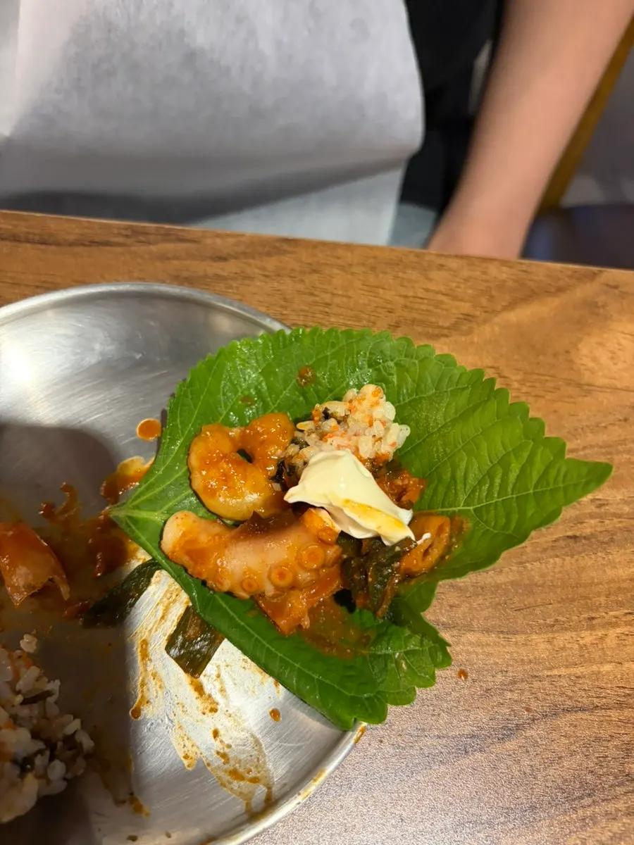 Nakgopsae, rice ball, and mayonnaise wrap