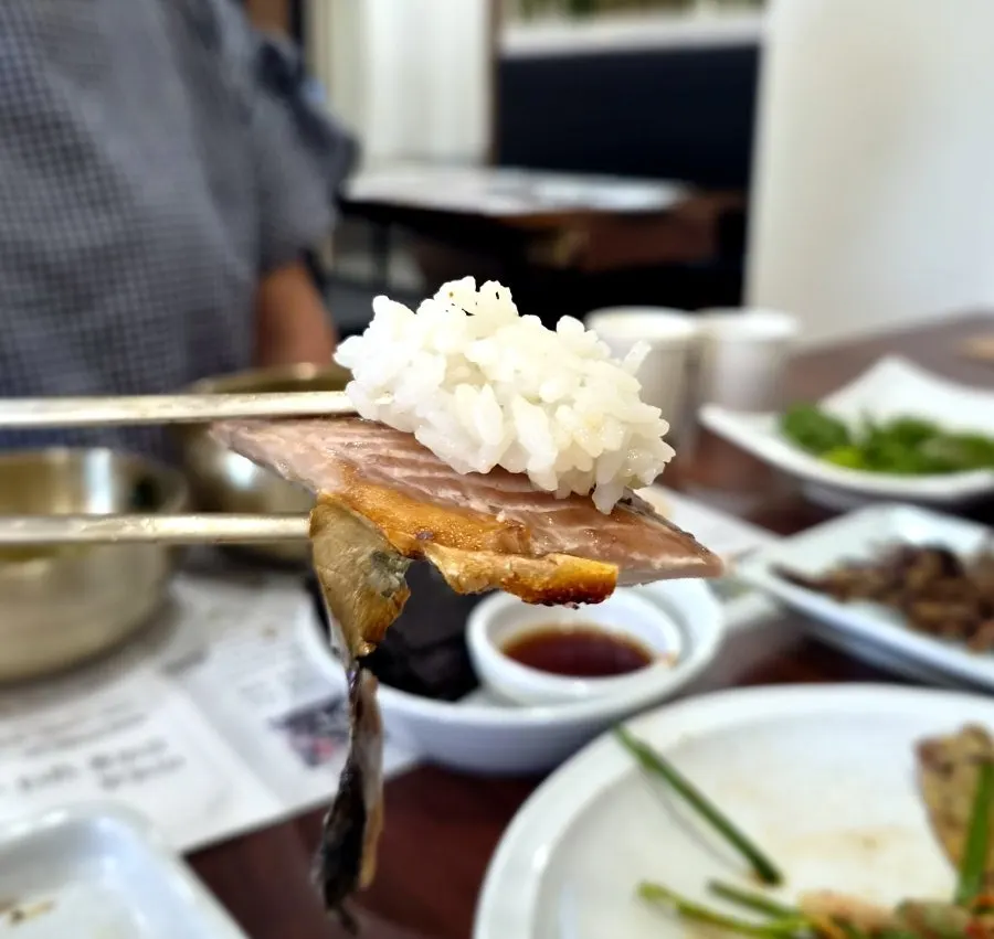 Cross-section of a thickly grilled mackerel
