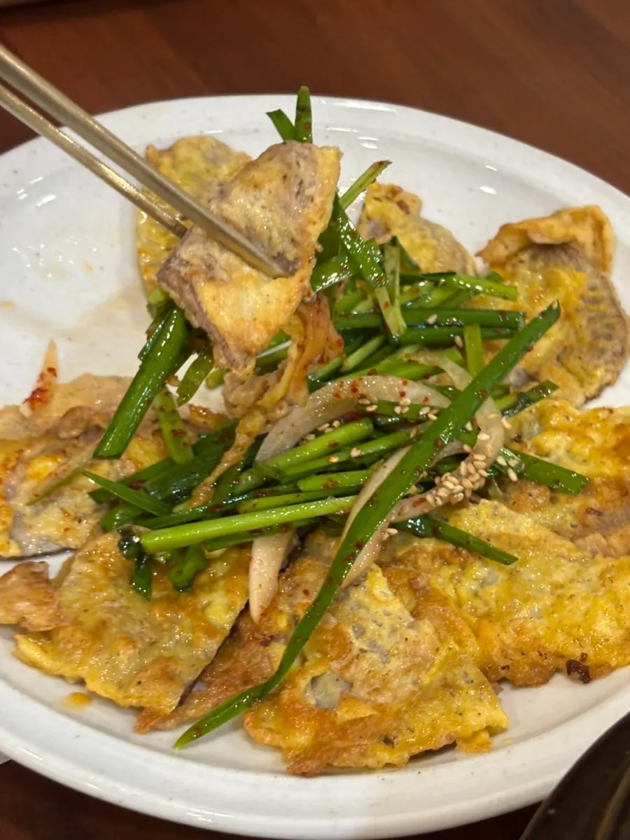 Plate of beef jeon pan-fried in egg batter