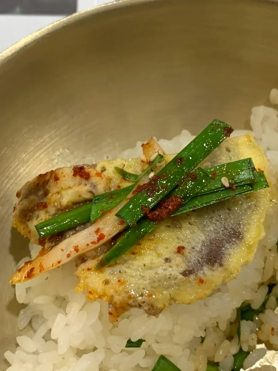 Beef jeon served with cockle bibimbap