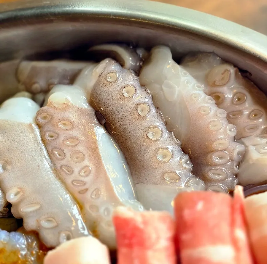 Nakgopsae pot filled with octopus, beef intestine, and shrimp