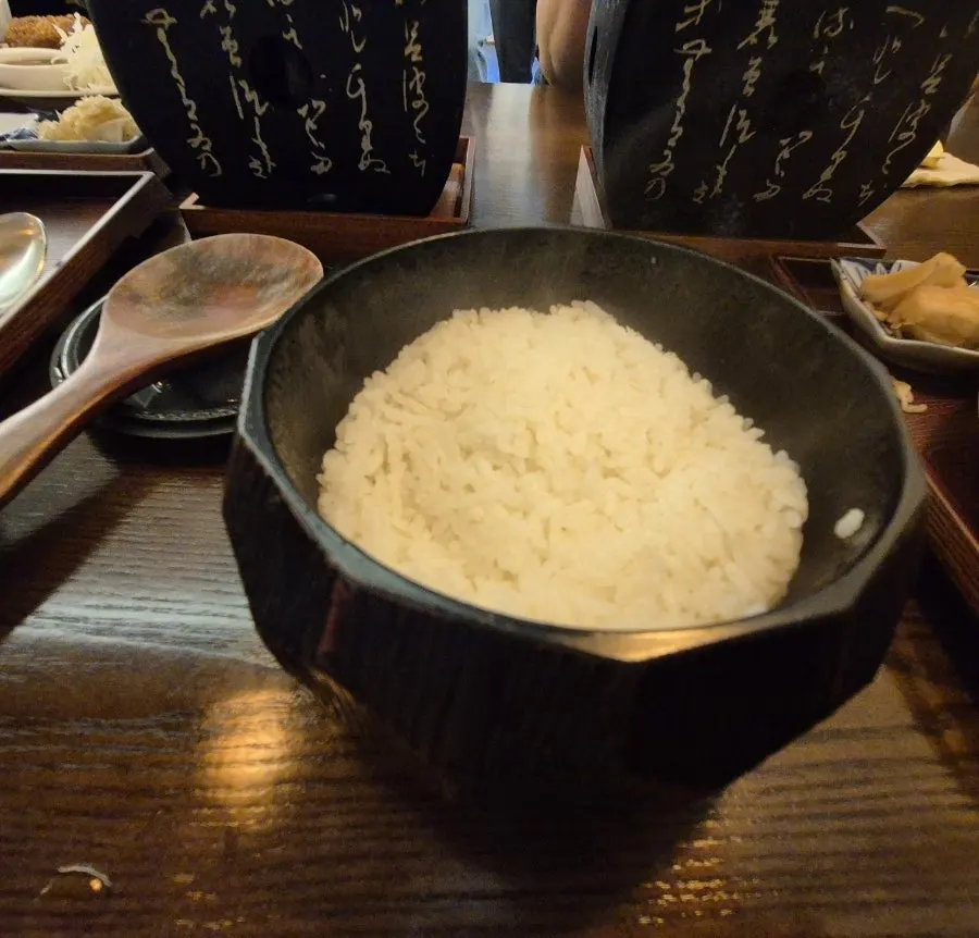 Three sauces — chili, salt, wasabi soy sauce — with rice and miso soup