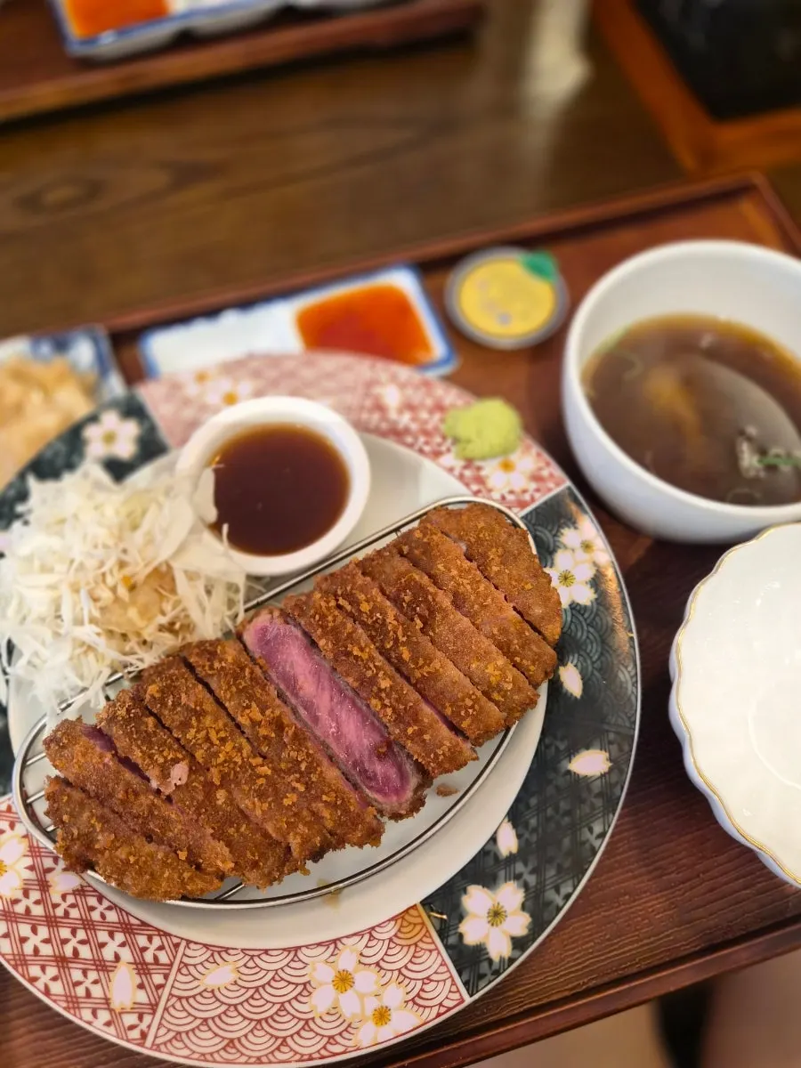 Gyukatsu set served on a wooden tray
