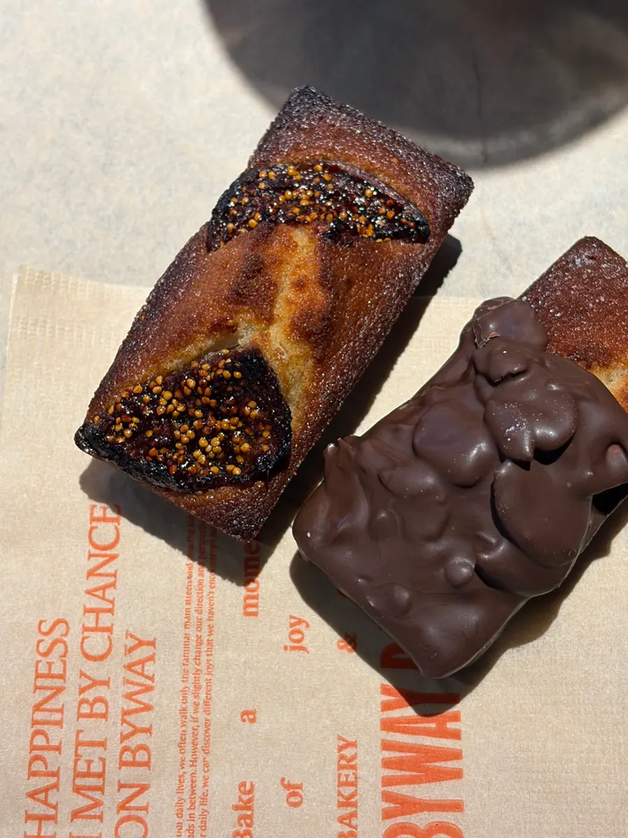 Cross-section of a financier with a bite taken out