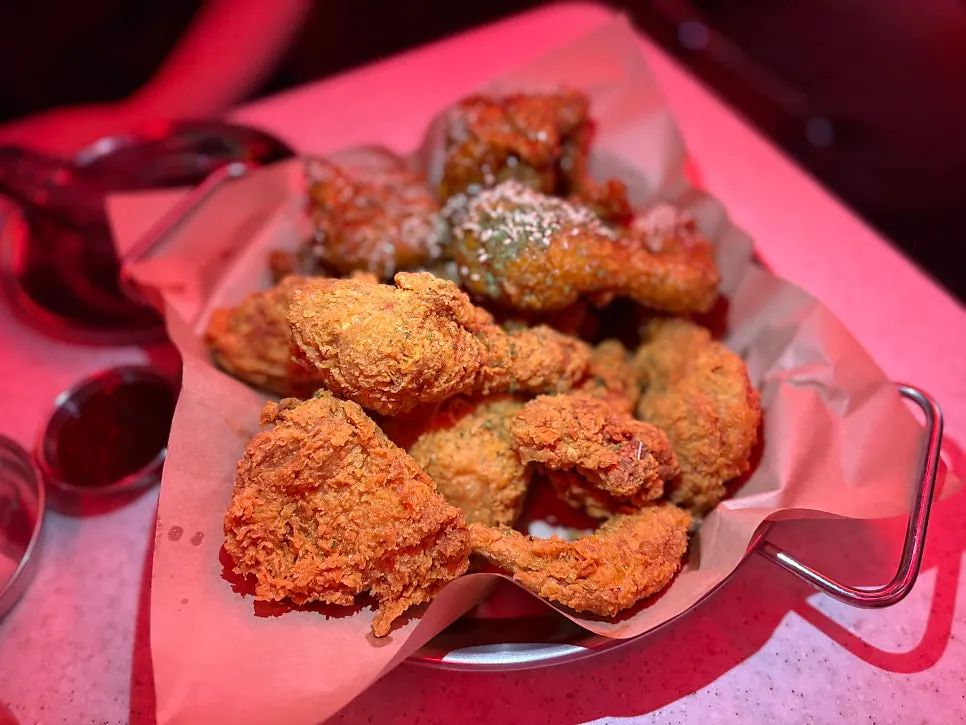 A plate of half fried, half Black Angry Bird chicken