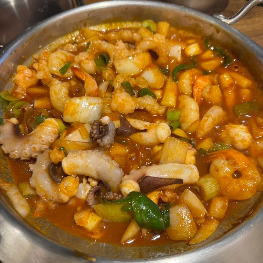 Close-up of octopus and shrimp mixed into the nakgopsae