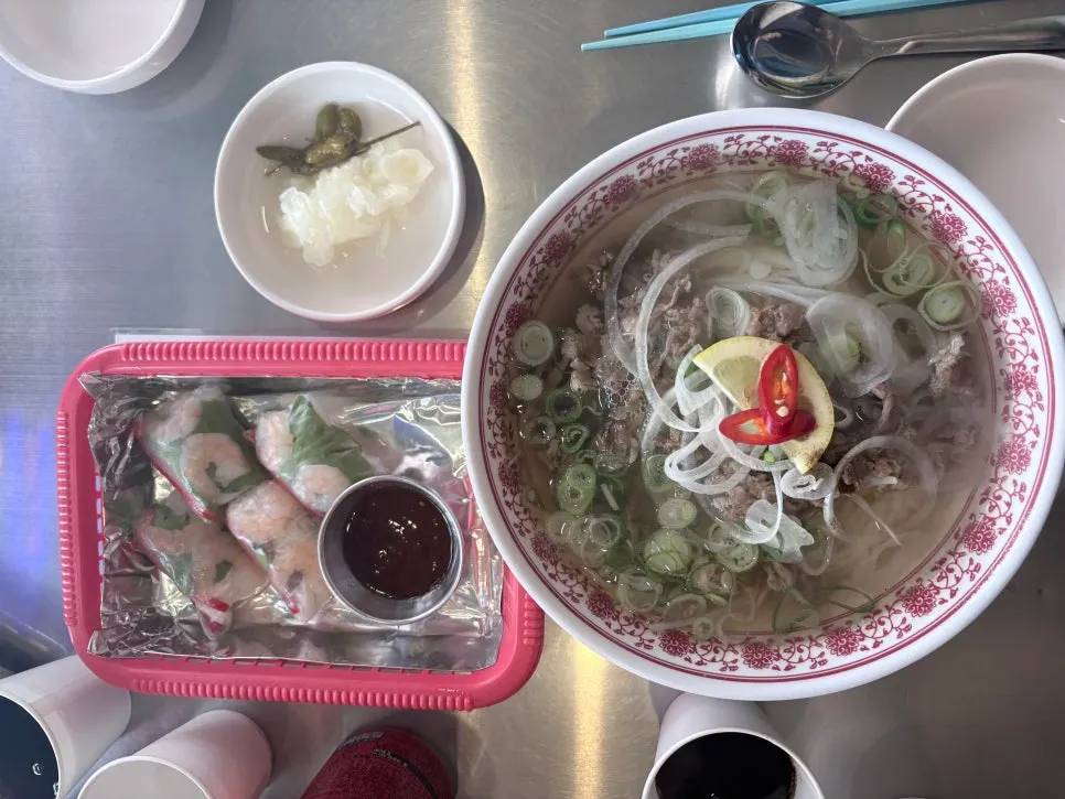 Close-up of pho noodles and bean sprouts