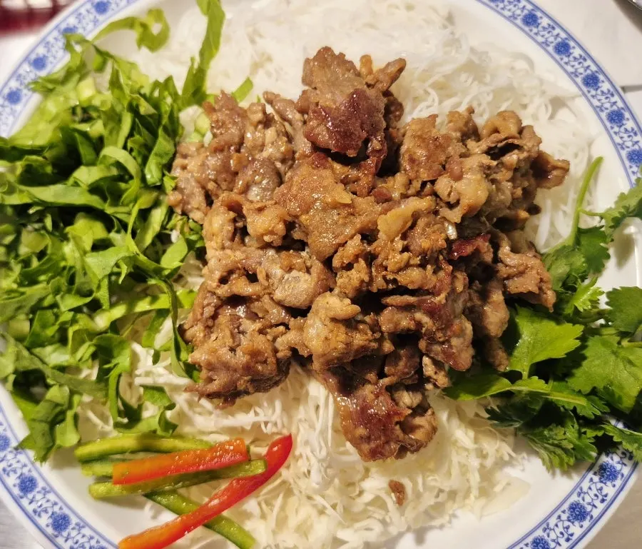 Bun cha spread with thin noodles, vegetables and grilled beef
