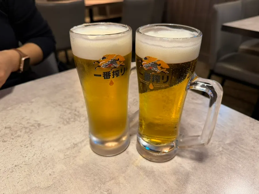 Kirin Ichiban draft beer served alongside the dried pollack