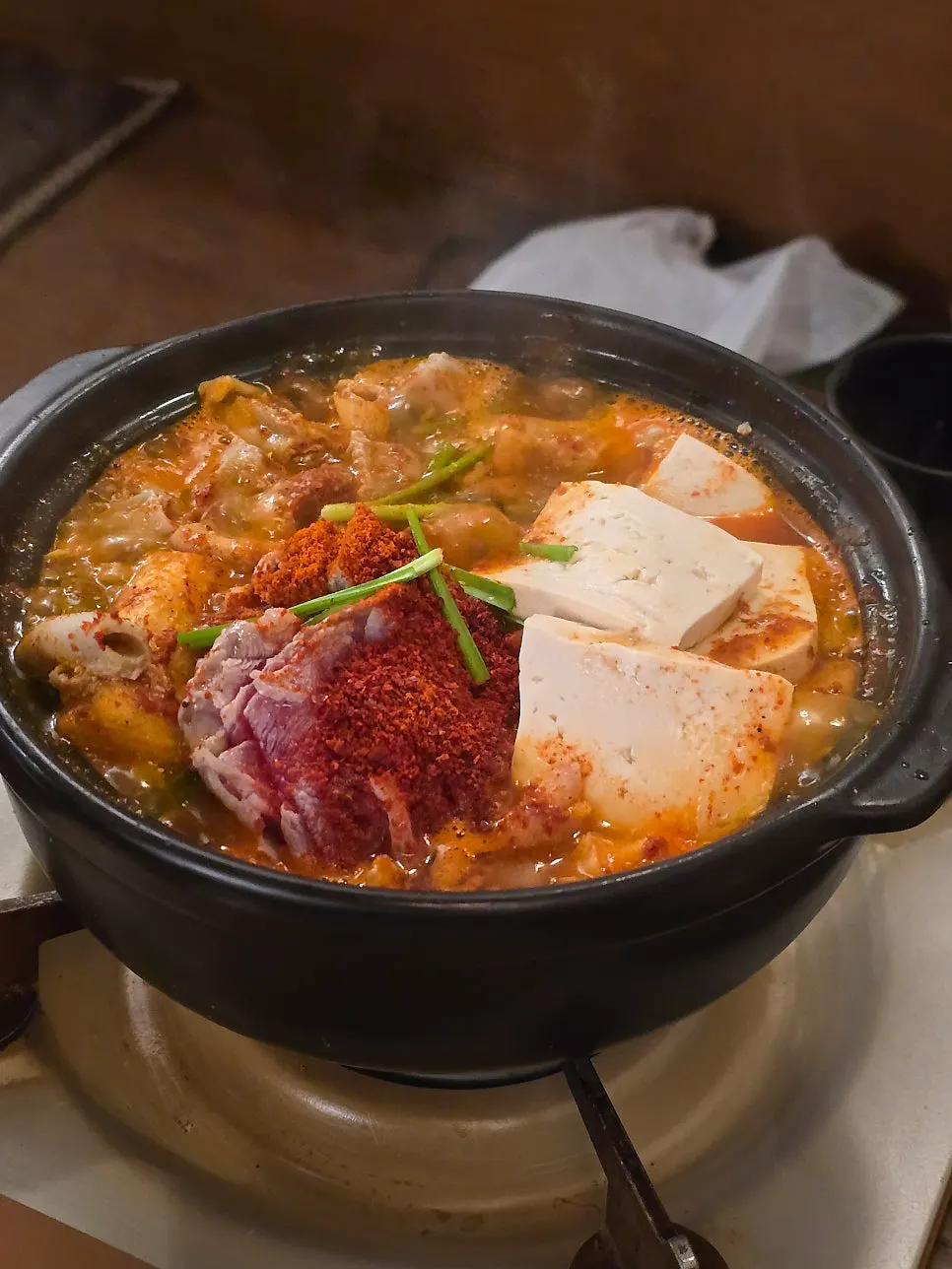 Finished red broth gopchang hot pot after 10 minutes of boiling