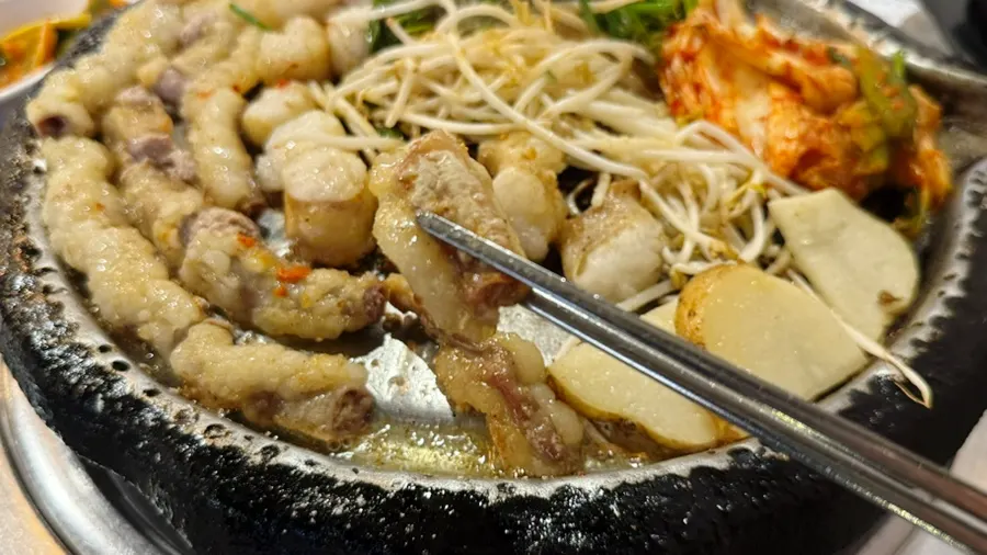Cross-section of grilled gopchang showing remaining fat